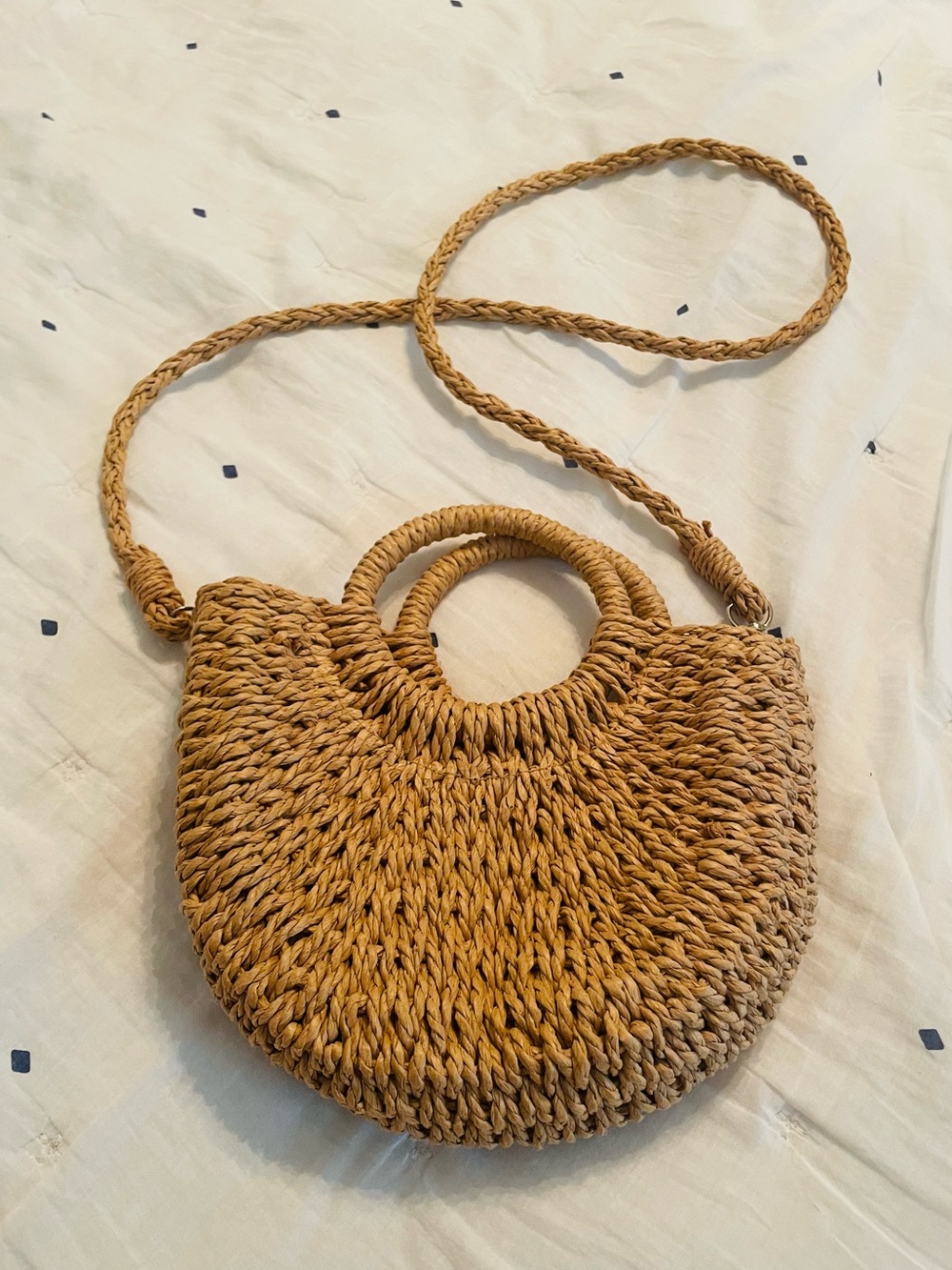 Round Natural Straw Crossbody Bag - Neutral Tan - Picture 3 of 5